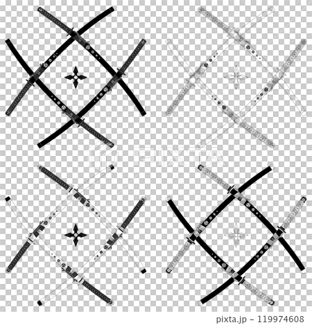 Katanas crossed with shuriken weapons from Japan Katanas crossed with shuriken weapons from Japan 119974608