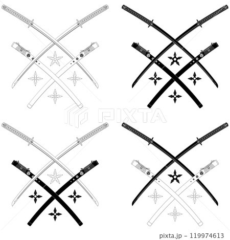 Katanas crossed with shuriken weapons from Japan Katanas crossed with shuriken weapons from Japan 119974613