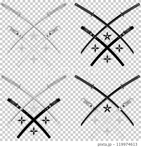 Katanas crossed with shuriken weapons from Japan Katanas crossed with shuriken weapons from Japan 119974613