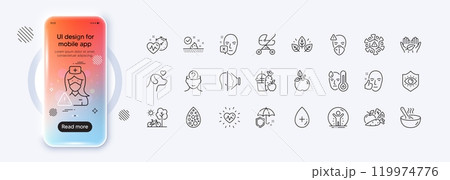 Cook, Skin care and Heartbeat line icons for web app. Phone mockup gradient screen. Pack of Medical mask, Umbrella, Vegetables pictogram icons. Face id, Nurse, Coronavirus signs. Vector 119974776