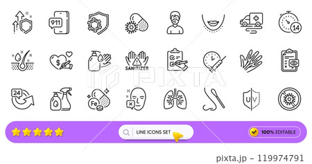 Coronavirus pills, Medical mask and Uv protection line icons for web app. Pack of Wash hands, Veins, Stop coronavirus pictogram icons. Emergency call, Nasal test, Ambulance transport signs. Vector Coronavirus pills, Medical mask and Uv protection line icons for web app. Pack of Wash hands, Veins, Stop coronavirus pictogram icons. Emergency call, Nasal test, Ambulance transport signs. Vector 119974791