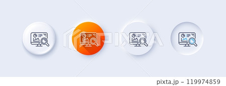 Seo statistics line icon. Neumorphic, Orange gradient, 3d pin buttons. Search engine sign. Analytics chart symbol. Line icons. Neumorphic buttons with outline signs. Vector Seo statistics line icon. Neumorphic, Orange gradient, 3d pin buttons. Search engine sign. Analytics chart symbol. Line icons. Neumorphic buttons with outline signs. Vector 119974859