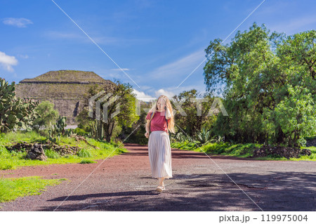Female tourist exploring Teotihuacan, Mexico. Cultural heritage, ancient ruins, and archaeological adventure concept Female tourist exploring Teotihuacan, Mexico. Cultural heritage, ancient ruins, and archaeological adventure concept 119975004