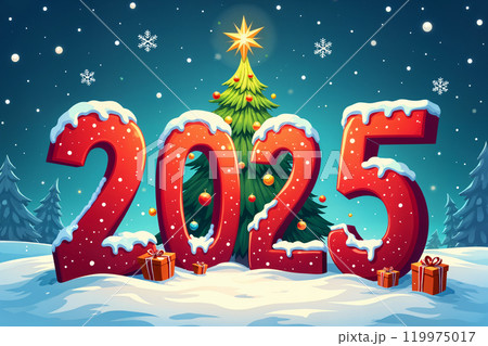 Large number 2025 on a snowy background with a Christmas tree. 119975017