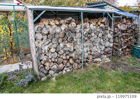 A pile of stacked firewood prepared for heating a house. Heating in winter. Isolation concept 119975109