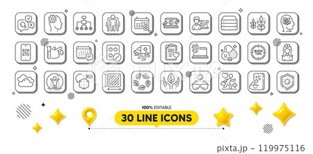 Patient history, Anxiety and Message line icons pack. 3d design elements. Tips, Qr code, Cloudy weather web icon. Augmented reality, Medical tablet, Blood donation pictogram. Vector 119975116
