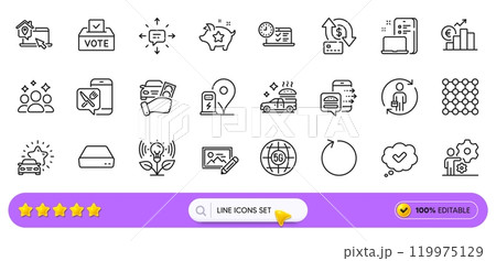 Photo edit, Approved and Food app line icons for web app. Pack of 5g internet, Vote box, Loop pictogram icons. Job, Food delivery, Money transfer signs. Replacement, Sms, Charging station. Vector Photo edit, Approved and Food app line icons for web app. Pack of 5g internet, Vote box, Loop pictogram icons. Job, Food delivery, Money transfer signs. Replacement, Sms, Charging station. Vector 119975129