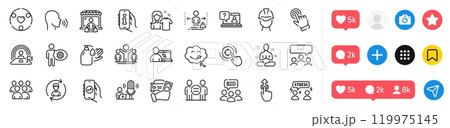 Auction, Market buyer and Faq line icons pack. Social media icons. Ethics, Winner, Yoga web icon. Lgbt, Group, Human resources pictogram. Financial app, Meeting, Clean shirt. Vector 119975145