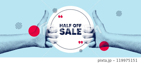 Hands showing thumb up like sign. Half off sale. Special offer price sign. Advertising discounts symbol. Half off sale round frame message. Grain dots hand. Like thumb up sign. Vector Hands showing thumb up like sign. Half off sale. Special offer price sign. Advertising discounts symbol. Half off sale round frame message. Grain dots hand. Like thumb up sign. Vector 119975151