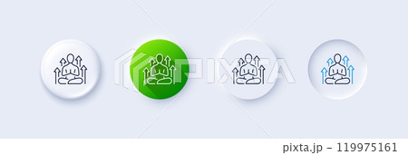 Yoga line icon. Neumorphic, Green gradient, 3d pin buttons. Meditation pose sign. Relax body and mind symbol. Line icons. Neumorphic buttons with outline signs. Vector 119975161
