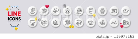 Online shopping, Discount and Dry t-shirt line icons. White buttons 3d icons. Pack of Baggage cart, No handbag, Wash t-shirt icon. Wallet, Businessman case, Diamond pictogram. Vector 119975162