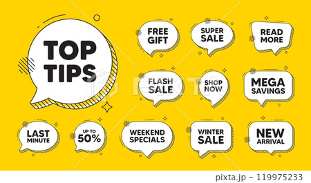 Offer speech bubble icons. Top tips tag. Education faq sign. Best help assistance. Top tips chat offer. Speech bubble discount banner. Text box balloon. Vector 119975233