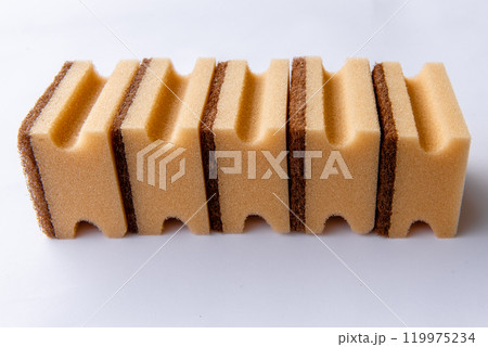 five dish yellow sponges on the white background. 119975234