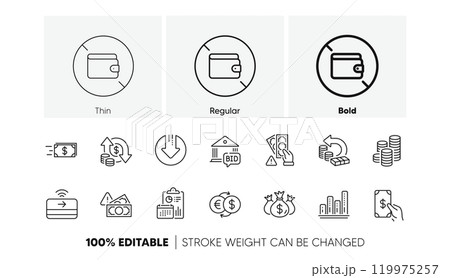 Wallet, Coins and Contactless payment line icons. Pack of Money transfer, Cash back, Change money icon. Bribe, Check investment, Graph chart pictogram. Report, Bid offer, Download arrow. Fraud. Vector Wallet, Coins and Contactless payment line icons. Pack of Money transfer, Cash back, Change money icon. Bribe, Check investment, Graph chart pictogram. Report, Bid offer, Download arrow. Fraud. Vector 119975257