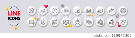 Freezing, Graph and Air fan line icons. White buttons 3d icons. Pack of Touch screen, Uv protection, Architect plan icon. Voice wave, Brain working, Education pictogram. Vector 119975305