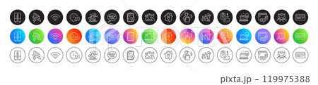 Saving electricity, Cyber attack and Wifi line icons. Round icon gradient buttons. Pack of Pos terminal, Quick tips, Leadership icon. Credit card, Wallet, Food delivery pictogram. Vector 119975388