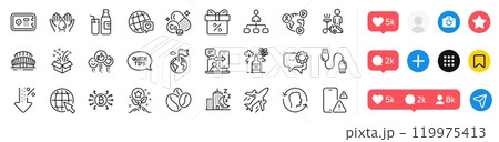 Plane, Milk and Charging cable line icons pack. Social media icons. Management, World brand, Sports stadium web icon. Gift, Phone warning, Loyalty points pictogram. Vector 119975413