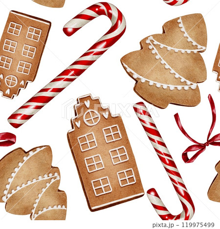 Christmas sugar cane, red bow and gingerbread cookie Watercolor seamless pattern on white. Hand drawn illustration for New Year and winter holidays designs. 119975499