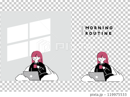 一個女人早上醒來，在床上檢查電腦 119975533