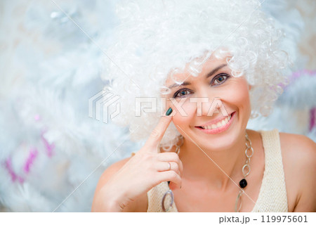 beautiful smiling girl with white curly hair 119975601