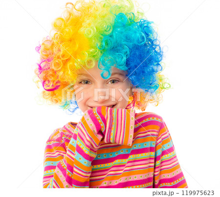 funny little girl in clown wig isolated on white background 119975623