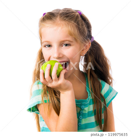 little girl biting an apple isolated on white background little girl biting an apple isolated on white background 119975635