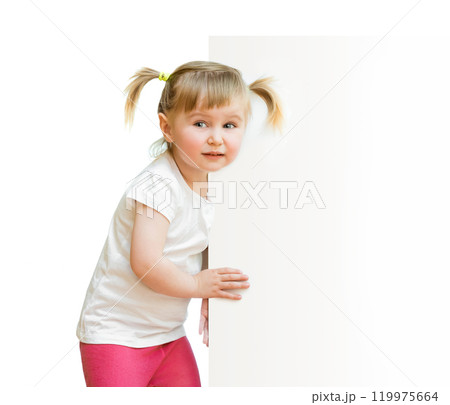 little pretty girl looks out of a board isolated on white background little pretty girl looks out of a board isolated on white background 119975664