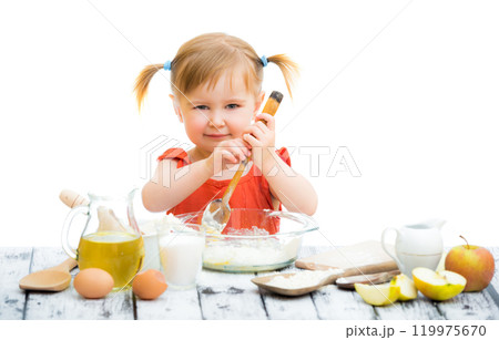 cute little baby girl baking, white background cute little baby girl baking, white background 119975670