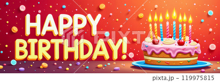 Colorful birthday cake with candles on a red background. 119975815
