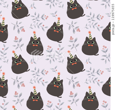 かわいい黒色の猫のシームレスパターン　ベクターイラスト 119975855