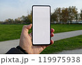 A hand holding a smartphone with a blank white screen against a backdrop of a park with green grass and trees. 119975938