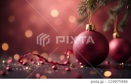 Festive red Christmas ornaments hanging on a tree branch with sparkling lights and decorations during the holiday season 119975986