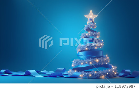 Decorative blue Christmas tree adorned with lights and a star on top against a solid blue background 119975987