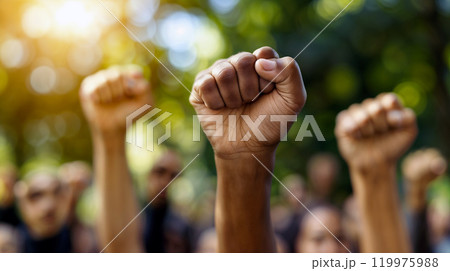 People raising their fists in solidarity during a peaceful protest advocating for social justice in a park at sunset 119975988