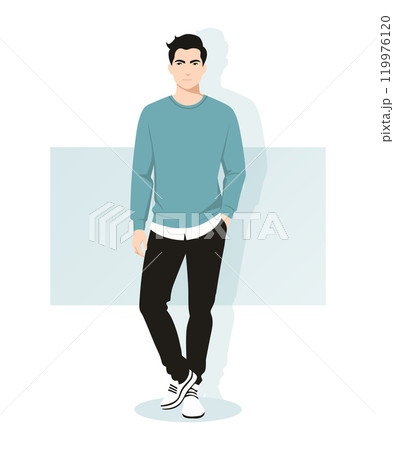 A young man in a blue sweater and black trousers stands confidently. The style is urban casual, light and modern. The minimalist background emphasizes the character. A young man in a blue sweater and black trousers stands confidently. The style is urban casual, light and modern. The minimalist background emphasizes the character. 119976120