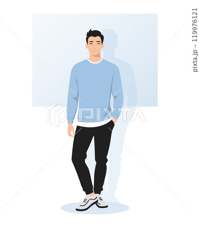 A young man in a blue sweater and black trousers stands confidently. The style is urban casual, light and modern. The minimalist background emphasizes the character. 119976121