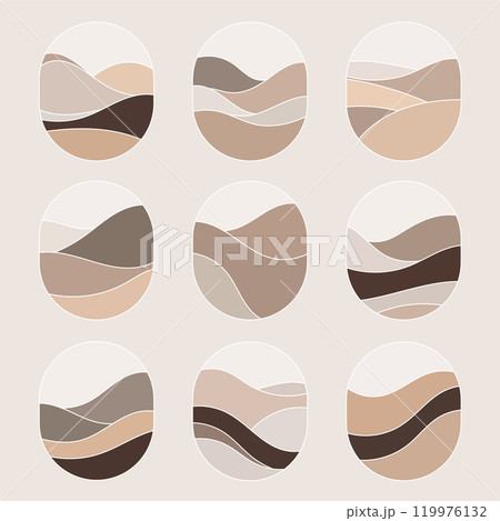 Abstract oval shapes in beige and brown tones with smooth wavy lines creating a stylish geometric pattern. Suitable for minimalist projects and decor. 119976132