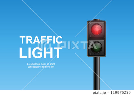 Vector Realistic Traffic Light with Red Light On. Pedestrian Signal in Focus. Traffic Light Illustration Against a Clear Blue Sky Background 119976259