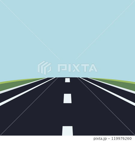 Flat Landscape Design with Road. Scenic Cartoon Highway, Nature Background. Cute Outdoors Scene with Road, Highway, Track, Front View. Vector Illustration 119976260