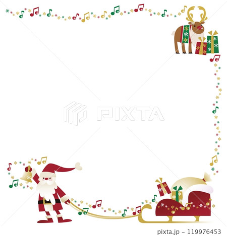 ソリを引くサンタクロースとトナカイとプレゼント_正方形フレーム ソリを引くサンタクロースとトナカイとプレゼント_正方形フレーム 119976453