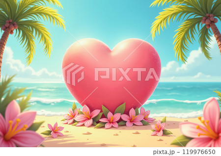 A pink heart on a beach with palm trees. 119976650