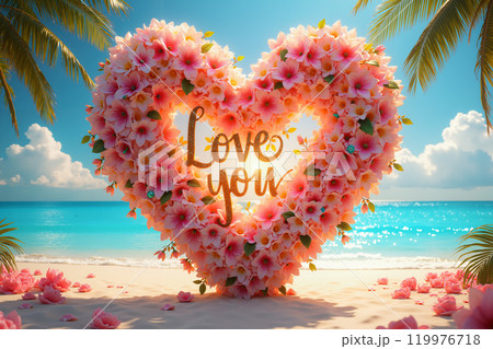 Heart-shaped floral arrangement on a beach. Heart-shaped floral arrangement on a beach. 119976718