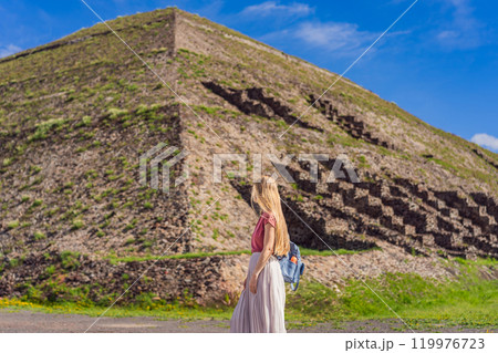 Female tourist exploring Teotihuacan, Mexico. Cultural heritage, ancient ruins, and archaeological adventure concept Female tourist exploring Teotihuacan, Mexico. Cultural heritage, ancient ruins, and archaeological adventure concept 119976723
