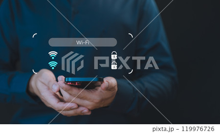 While using a smartphone, a man faces difficulties connecting to Wi-Fi, encountering either connection issues or incorrect password, leading to a delay in loading digital data from websites. 119976726