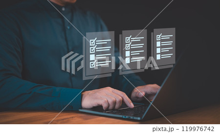 Male accountant showing office document auditing concept. Business performance checklist, filling out digital form checklist, take an assessment, questionnaire, evaluation, online exam. Male accountant showing office document auditing concept. Business performance checklist, filling out digital form checklist, take an assessment, questionnaire, evaluation, online exam. 119976742