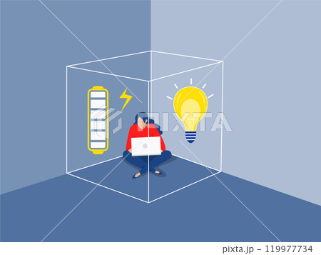 Square symbolizing introvert zone,Woman sitting inside the box, presenting to introvert around herself to get rid of unwanted contacts and protect peace power of mind and energy concept vector Square symbolizing introvert zone,Woman sitting inside the box, presenting to introvert around herself to get rid of unwanted contacts and protect peace power of mind and energy concept vector 119977734
