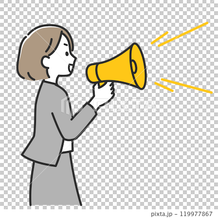 A woman in a suit conveying information through a loudspeaker A woman in a suit conveying information through a loudspeaker 119977867