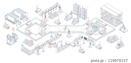 Smart warehouse solutions featuring automated systems and autonomous robots for efficient storage and logistics operations concept. Vector illustration eps10 119978157