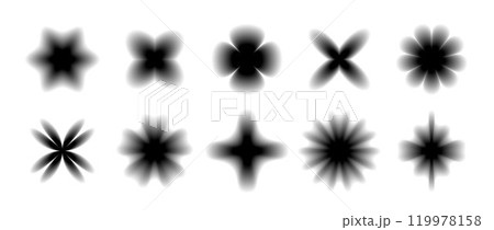 Black smooth blurred gradient form set. Grunge blurry aura shape collection. Fading abstract elements for poster, template, badge, sticker, collage. Vector flowers, sparkles and stars pack  119978158