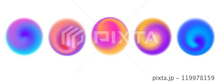 Bright colorful swirl gradient set. Round blur vortex background collection. Iridescent radial blurry shape pack for poster, banner, leaflet, brochure. Vector neon fading circular aura element bundle 119978159